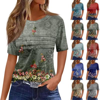 Women's Pleated Round Neck Floral Print Short Sleeve T-Shirt Slit Hem Top