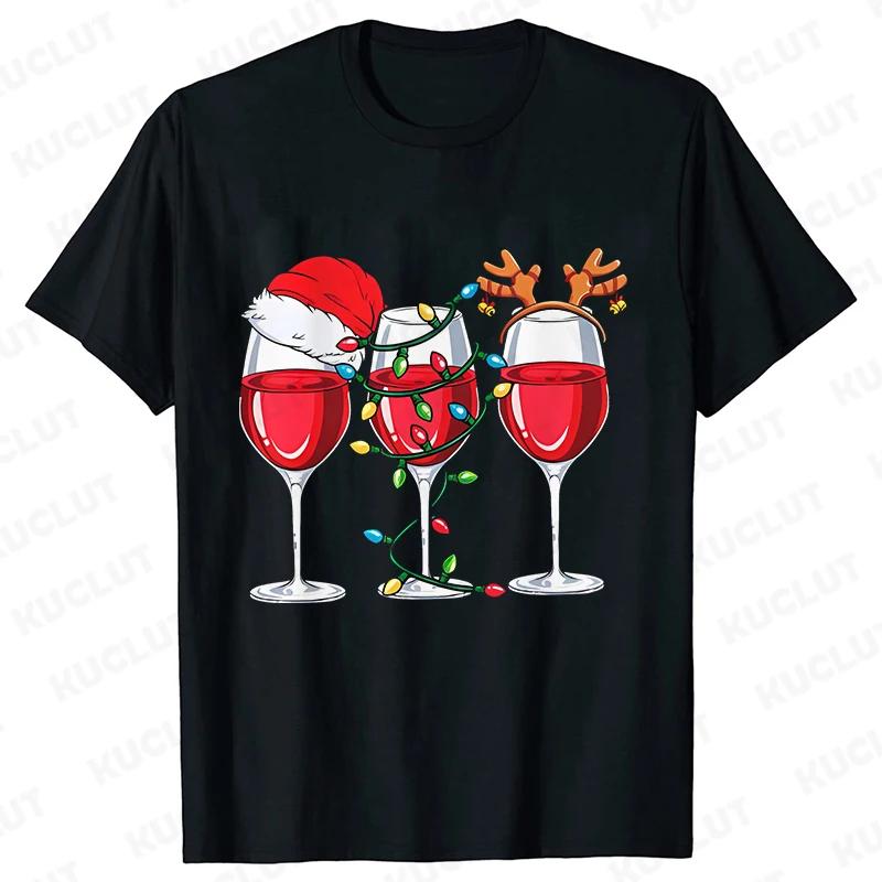 Christmas Wine T Shirts for Women Clothing Funny Cartoon Tshirts Kawaii Fashion Tshirt Korean Female Tops Christmas Wine Tees