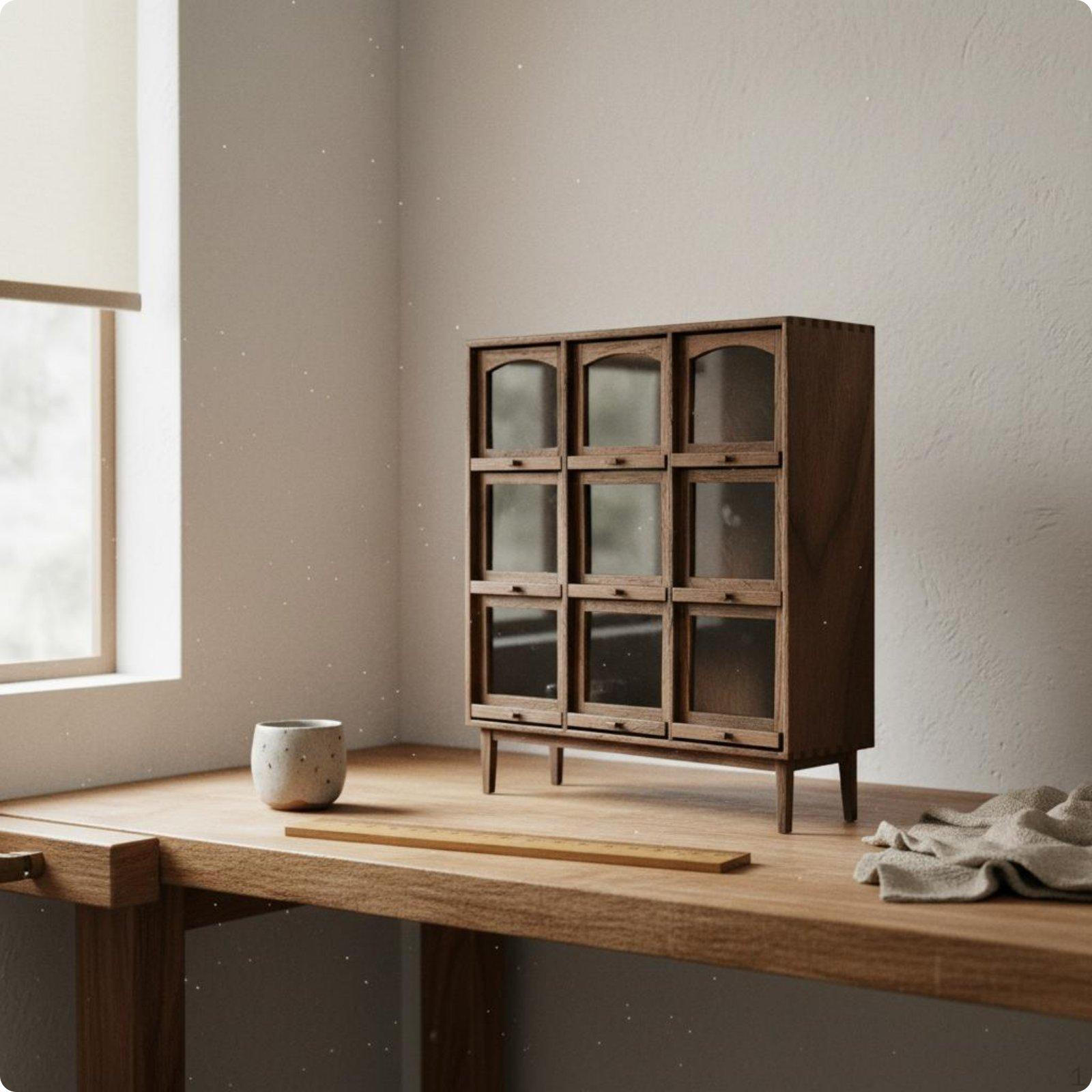 Miniature 9Grid Storage Cabinet Japanese Rustic Aesthetic Design Dollhouse Cupboard Retro Walnut