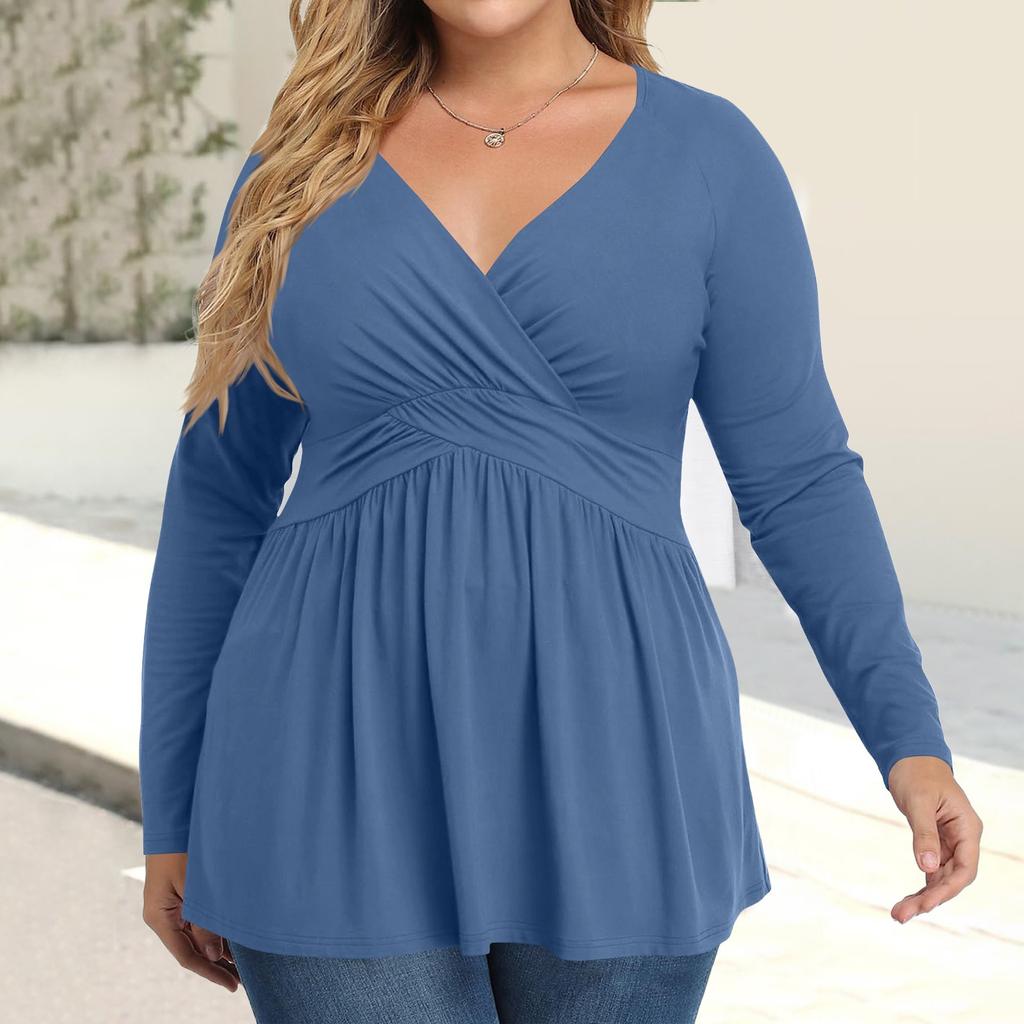 Women's Plus Size Shirt Long Sleeve Solid Color Top Pleated Casual V-Neck Top