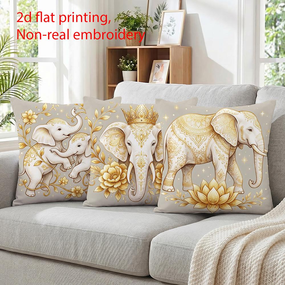 1/4pcs 2D Flat- Luxury Royal Golden Elephant Boho Throw Pillow Cover Home Farmhouse Outdoor Decoration Cushion Cover
