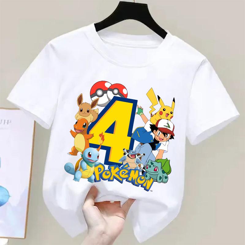 Pokemons Pikachu Kids T Shirts Birthday Number 19 Printed T Shirt Boys Girls Summer Casual Short Sleeves Tops Children Clothing