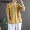 Damen Vintage Besticktes Kurzarm-T-Shirt Rundhalsausschnitt Loses Baumwollleinen-Blumenoberteil