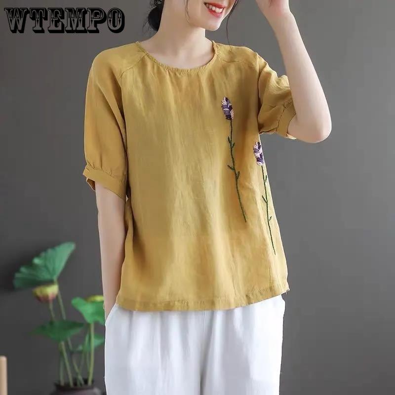 Damen Vintage Besticktes Kurzarm-T-Shirt Rundhalsausschnitt Loses Baumwollleinen-Blumenoberteil
