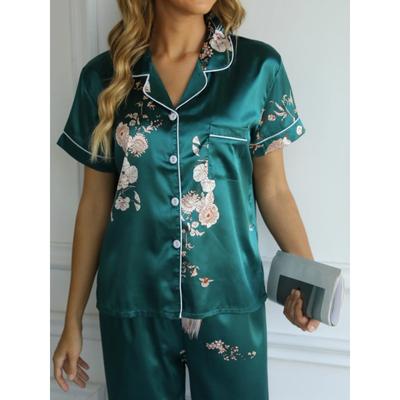 Green Floral Print Satin Pajama Set Smooth & Comfort Short Sleeve Pocket Lapel Top & Cozy Long Pants Women's Loungewear & Sleepw