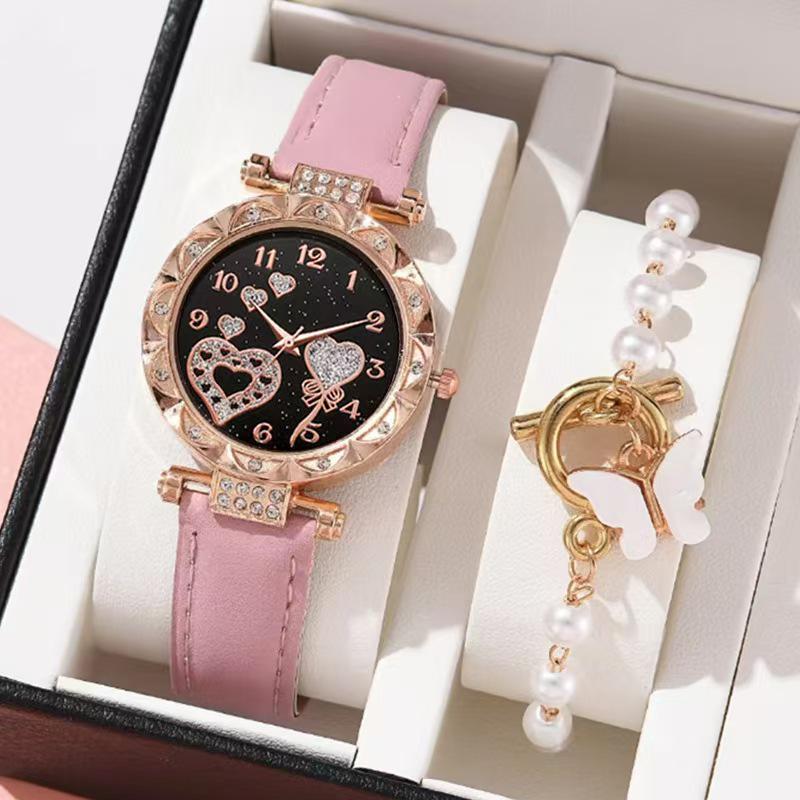 Elegant Crystal Heart Butterfly Bracelet & Leather Strap Quartz Watch with Pink Gemstone Set