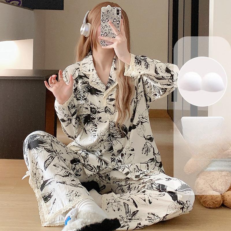 

Spring autumn plaid Pajamas Set with Chest Pad for Women Long Sleeve Tops and Pants lace cardigan Sleepwear Female thin pyjamas 2XL