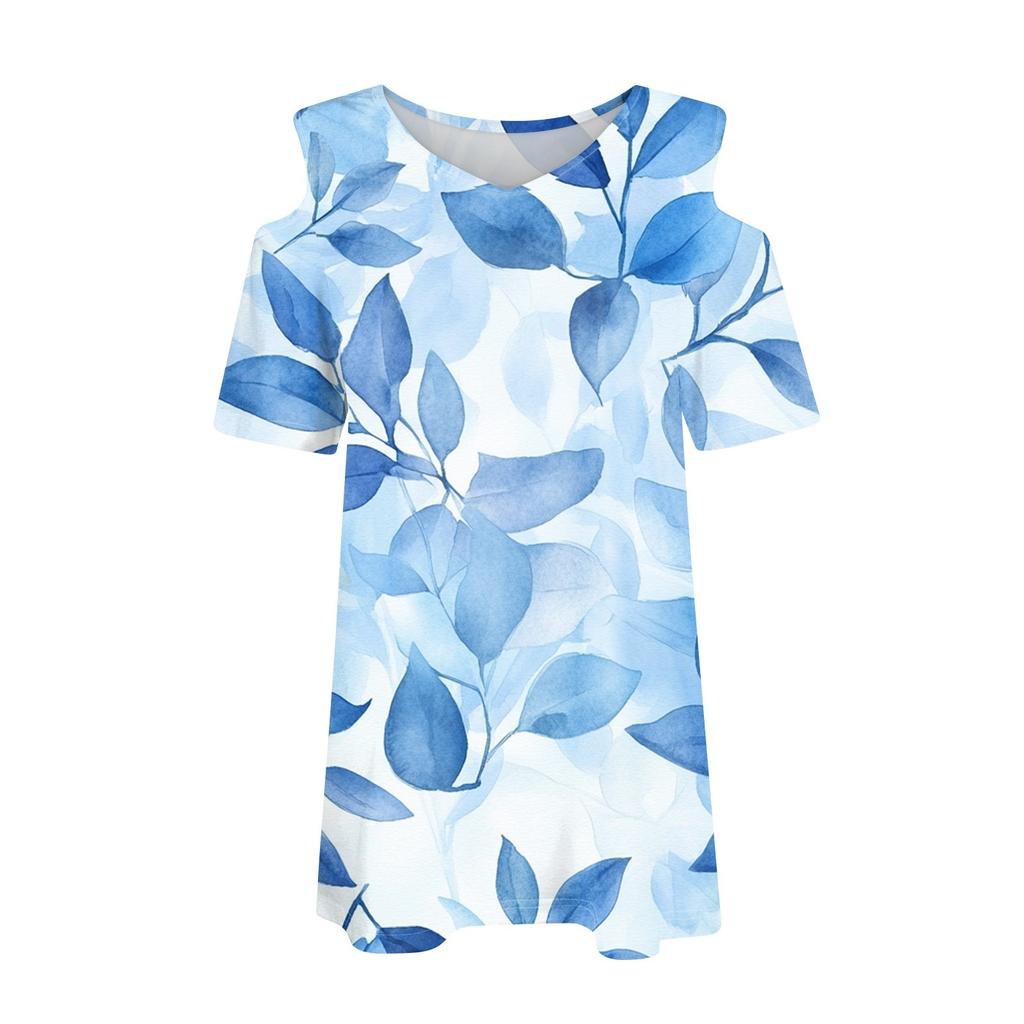 Women's Summer Fashion Casual Floral Print Off-the-shoulder V-neck Short-sleeved T-shirt Top