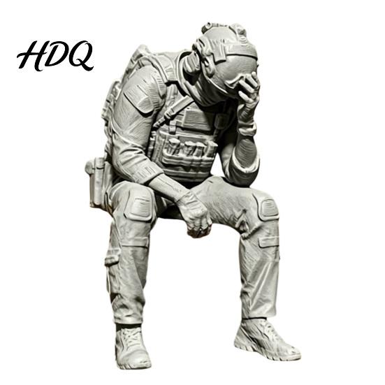 Detailed Helmet Vest Backpack Decor 3D Printed Soldier Figurine Ornament Sitting Tactical