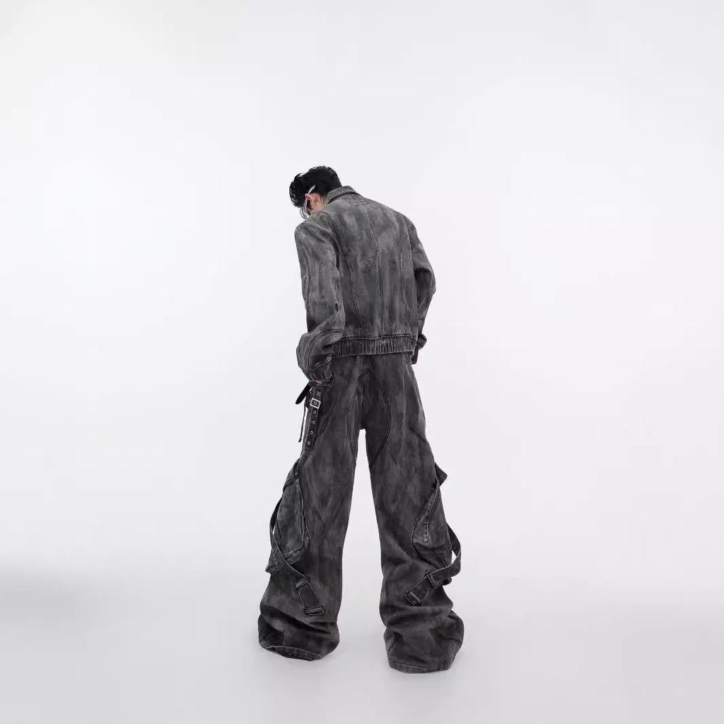 Retro Distressed Denim Jacket with Heavy Zippers & Large Pockets - 2024 Trend