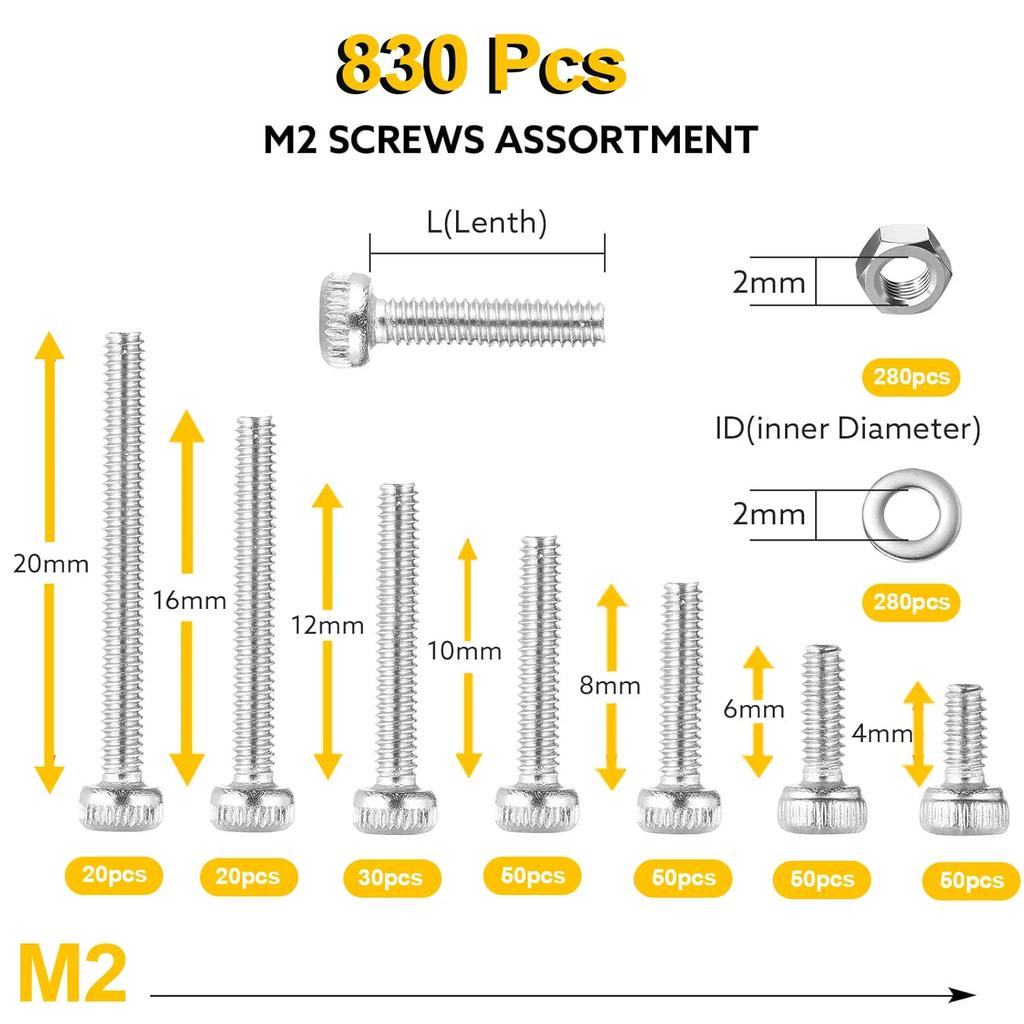 VKKM 830 Piece M2 Stainless Steel Screw Set, Including Nuts, Washers, and Tools, Multiple Specifications, Practical Preferred.