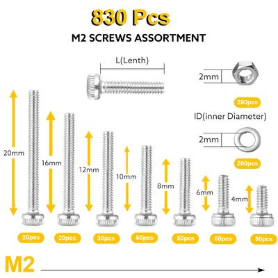 VKKM 830 Piece M2 Stainless Steel Screw Set, Including Nuts, Washers, and Tools, Multiple Specifications, Practical Preferred.