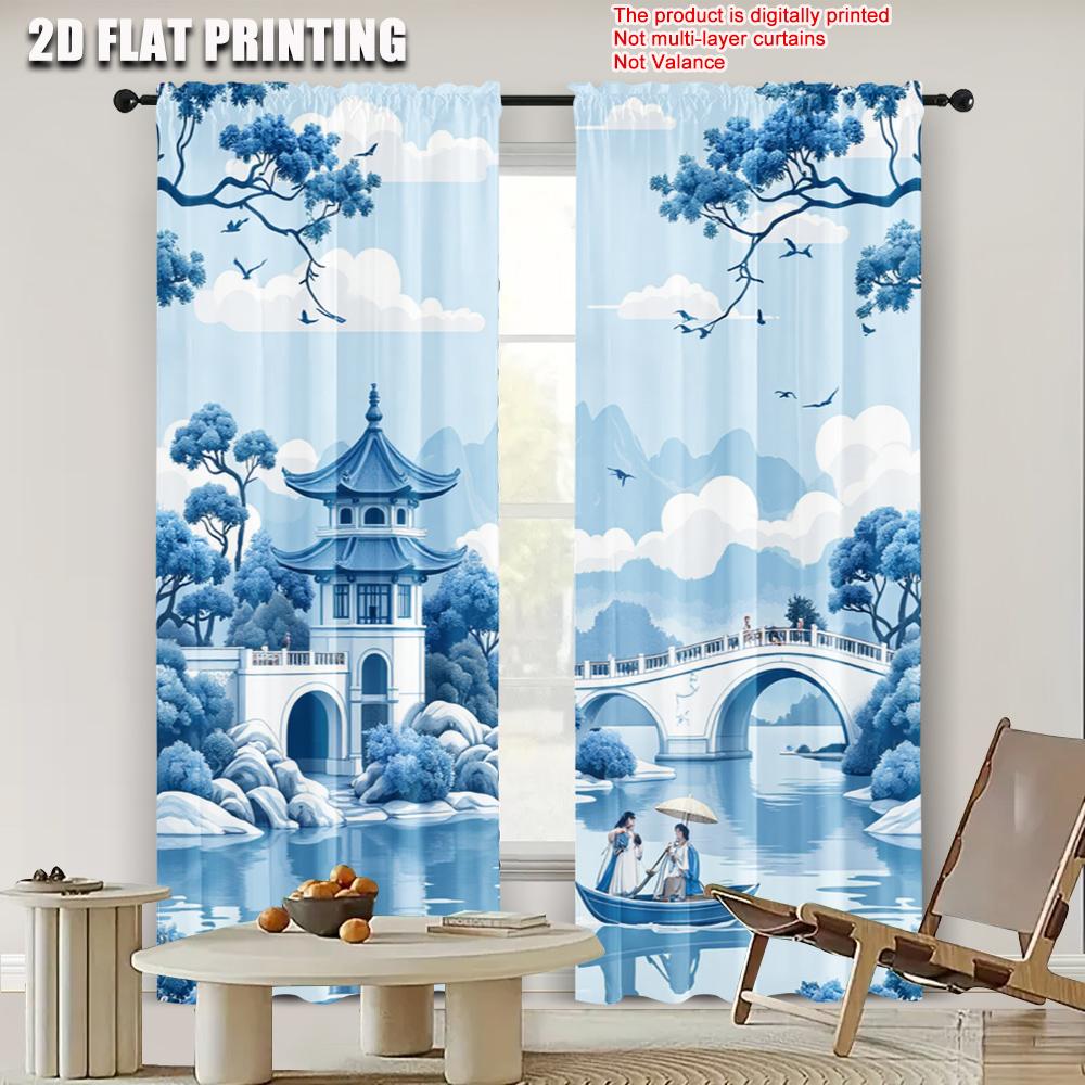 2pcs   2D Flat Printing Curtain Boat and Trees 100% Polyester  Without Electricity Party Decorations Applies To Bedroom Living