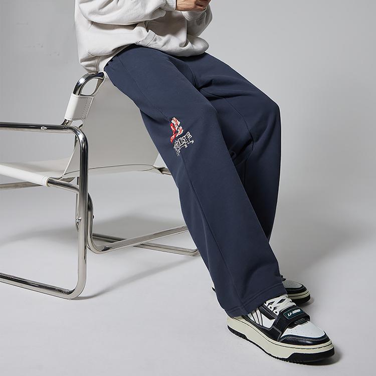 Li Ning Logo Print High Waist Straight Leg Sports Pants Men Pants Dark-Indigo AKLSF27-1
