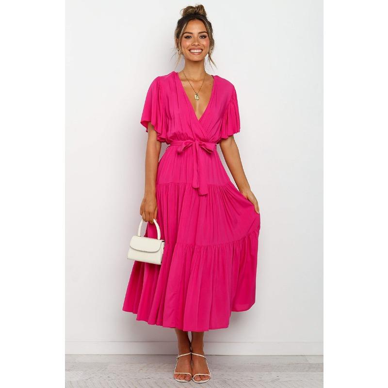 New v-neck commuter solid color short-sleeved waist dress, bohemian dress