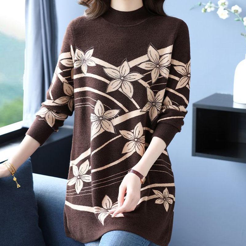Sweter Damski Jesień Zima Pogrubiony Pulower Ciepły Dzianinowy Elastyczny Długi Rękaw Oversize Jumper Top