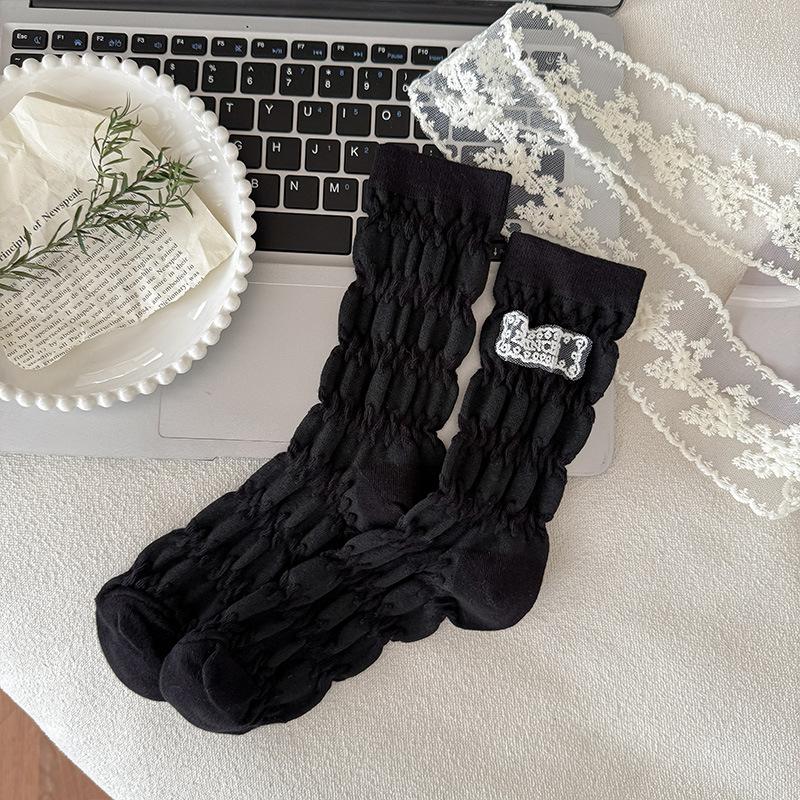 Female Spring and Autumn Pure Color Lace Cloth Standard Pleated Texture In The Tube Pile Socks