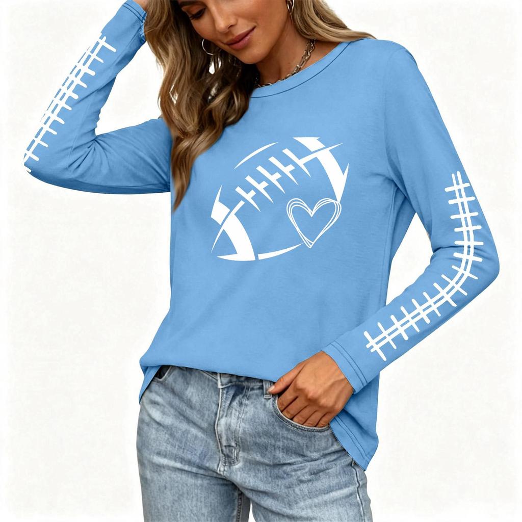 Women's Fashion Long Sleeve Neck Rugby Print Top with Side Split Hem