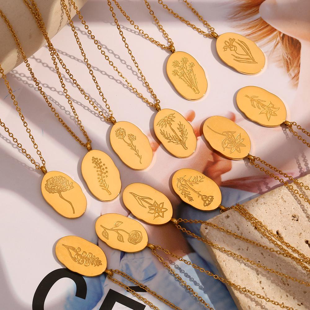 E.B.belle Tarnish Free Irregular Personality 12 Months Flower Pendant Necklace Stainless Steel Gold Plated Birthstone Necklace