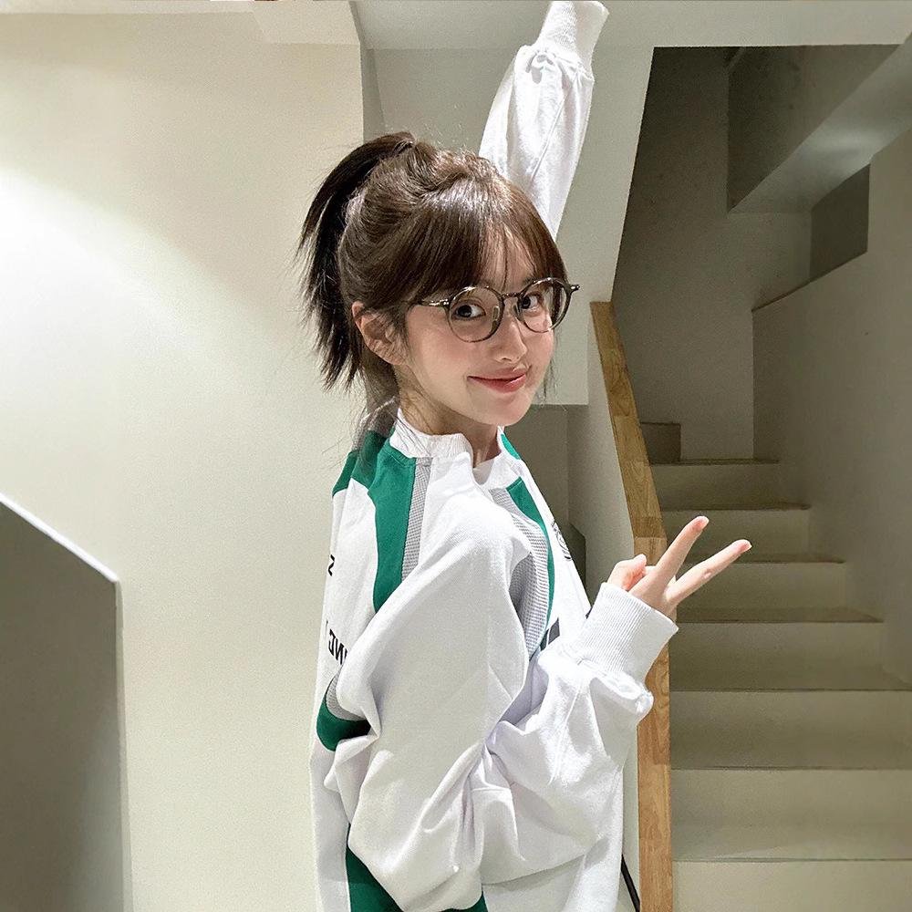 Women's Retro Color Block Letter Jersey - Loose Fit Long Sleeve T-shirt for Spring & Autumn