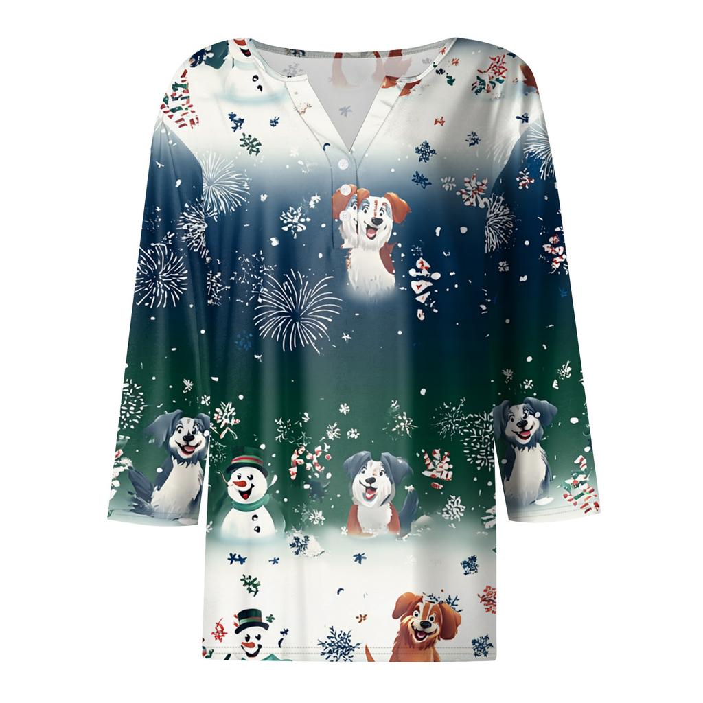 Women's T Shirt Tee Christmas Printed Button 3/4 Sleeve Tunic Daily Weekend Fashion Basic V- Neck Regular Top
