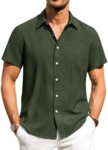 Alimens & Gentle Men's Linen Shirt Short Sleeve Button Up Shirt Wrinkle Free Casual Vacation Beach Summer