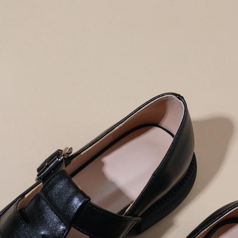 Fashion Women's New Spring and Autumn Round Head Thick Bottom Hollow Metal Belt Buckle Middle Heel Large Roman Casual Single Shoe