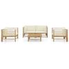 5 Piece Garden Lounge Set with Cream Colored Cushions Bamboo