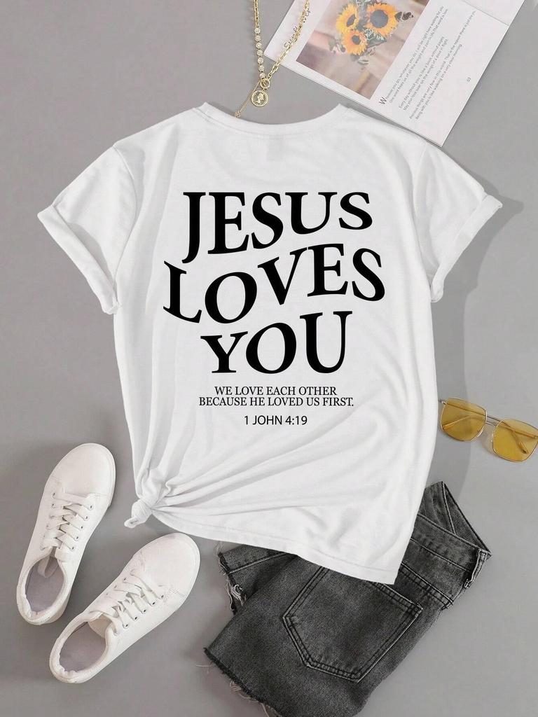 Jesus Loves You Letter Print Women TShirts Summer Breathable Soft Tees Street Fashion Short Sleeve Casual Sport Loose Clothes