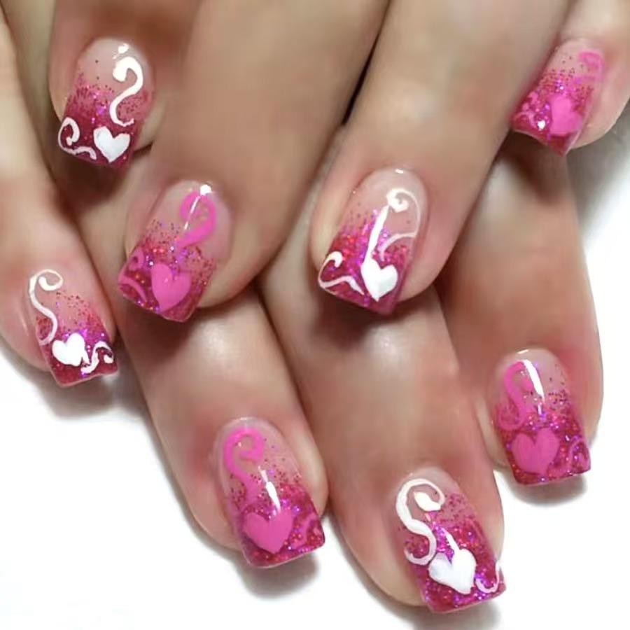 

2025 Valentine s Day Rose Pink Ombre Glitter Heart Square Nails - 24 Pieces