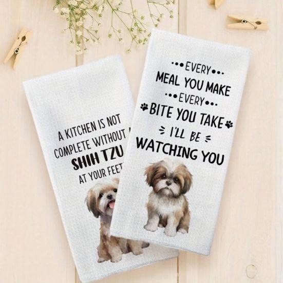2Pcs Dish Towel Cartoon Dog Bear Pattern Super Water Absorbent Reusable Kitchen Towels Machine Washable Household Cleaning Rags