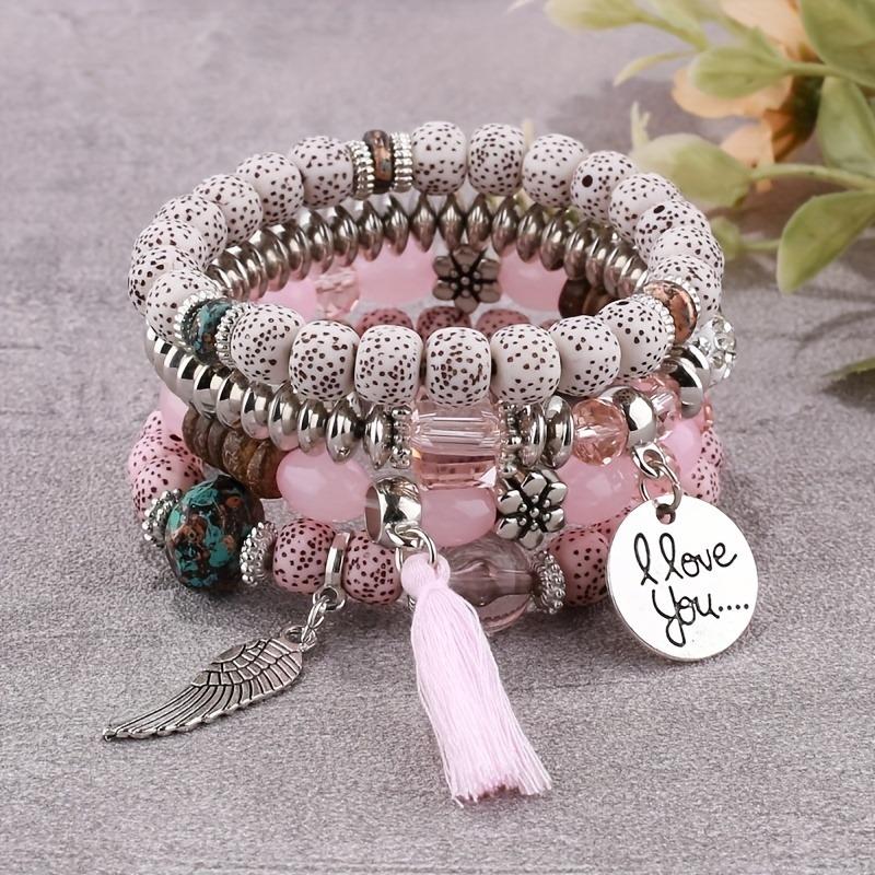 4pcs Bohemian Style Stacking Bracelets with Wings, Tassels & "I Love You" Charms, Assorted Beads, Ideal Gift for Teens And Family, Bracelet Charms