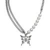 European and American Style Pearl Butterfly Men's Tide Ins Hip-hop Necklace Collarbone Chain Titanium Steel Necklace Men's Decorative Neck Chain 