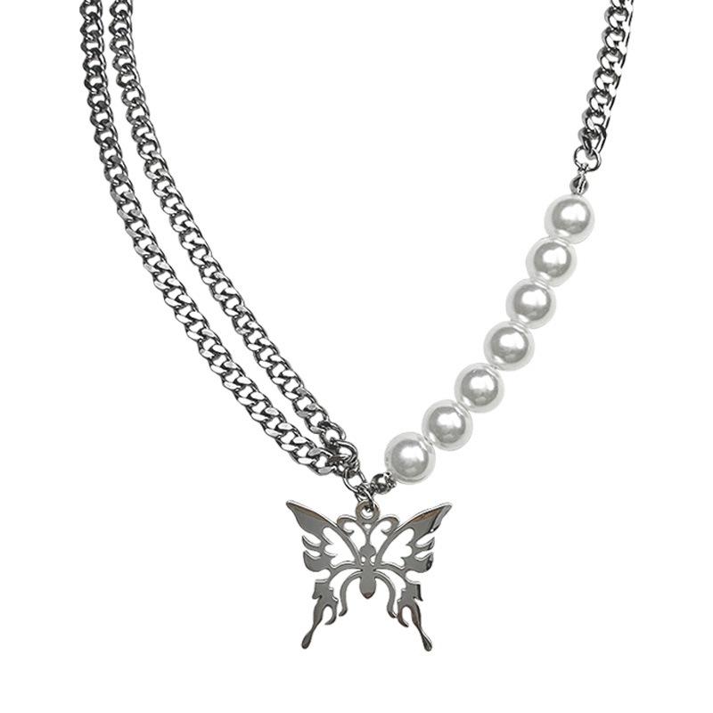 

European and American style pearl butterfly men s tide ins hip-hop necklace collarbone chain titanium steel necklace men s decorative neck chain