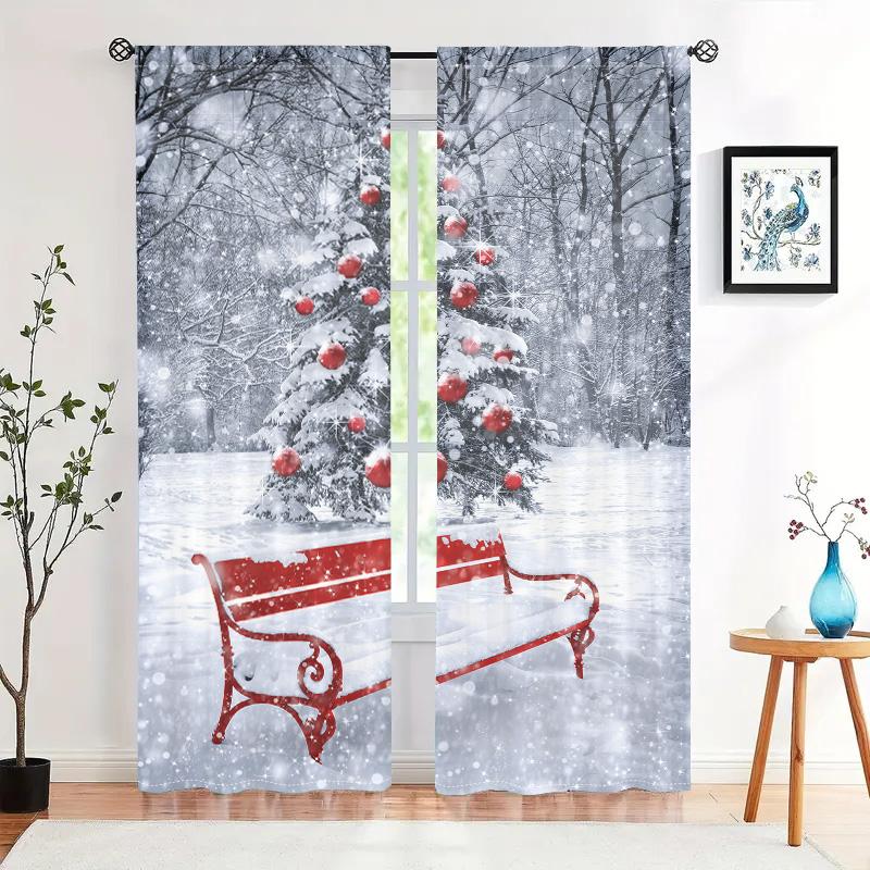 2 stycken, julgran vintersnölandskap röd pall gardiner -30% mörkläggning - lämpliga för vardagsrum, sovrum, heminredning