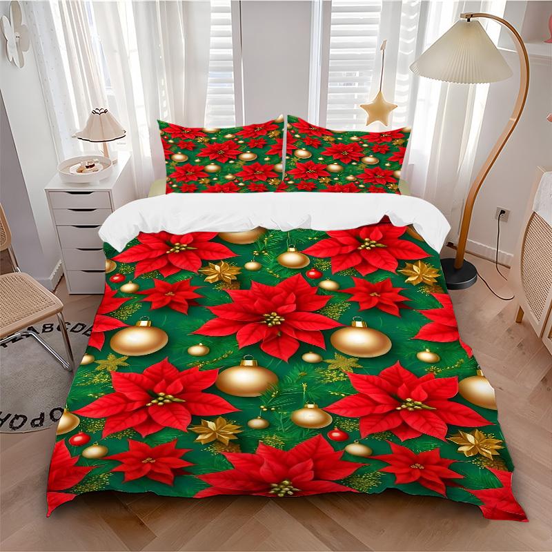 3pcs Christmas Poinsettia Bedding Set, Breathable and Soft, Suitable for Bedroom Decor (1*Duvet Cover + 1/2*Pillowcases, No Core) Yy250821154