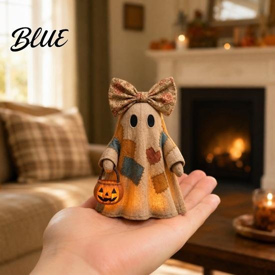 Glowing Ghost Decor Halloween Lighted Patchwork Figurine Light-Up Bow with Pumpkin Vintage Figurine Lantern Ghosts Lamp Decoration for Holiday Party