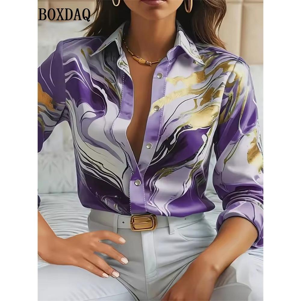 

New Women s Abstract Tie Dye 3D Marble Pattern Print Long-Sleeved Blouse Fashion Spring Autumn Casual Lapel Button Loose Shirts XL