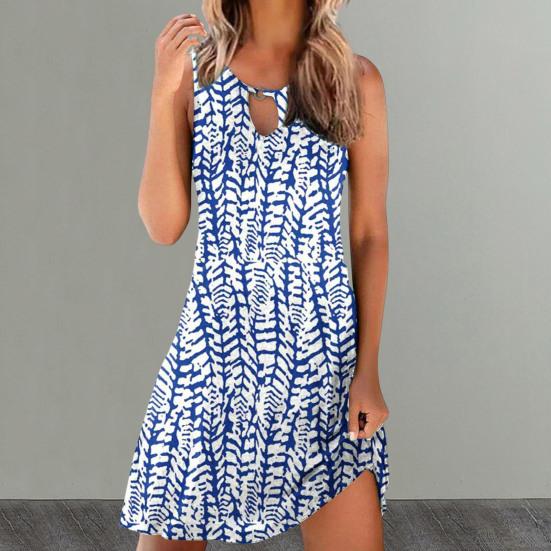O-Neck Sleeveless Front Hollow Summer Dress A-Line Loose Hem Bohemia Retro Printing Women Mini Dress