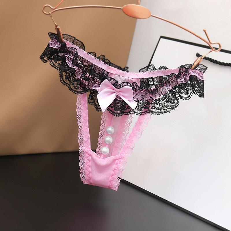 Transparent Lace Low-Waist Women's Thong with Pearl Massage Feature