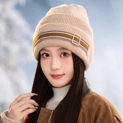 Winter Striped Buckle Hat Women's Simple Outdoor Casual Plush Hat Warm Plush Thickened Cold-proof Knitted Hat