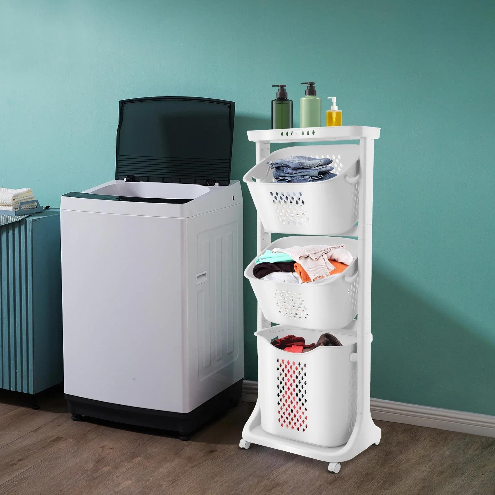 

BYMAOCAR 3-слойная корзина для белья, съемная корзина для хранения одежды, тележка для хранения стирки в ванной комнате с универсальными колесами United States