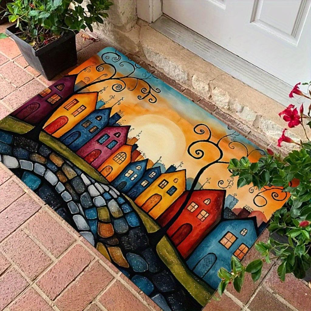 1pc Colorful House Welcome Doormat - Non-Slip Indoor/Outdoor Mat with a Design of Colorful European Village Houses and Cobblestone Paths - Suitable fo