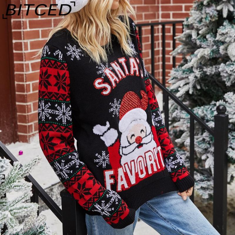 BITCED Damen Weihnachts-Pullover mit Weihnachtsmann-Stickerei O-Ausschnitt Strickpullover