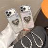 Bow Tie Rhinestone Heart Mirror Mobile Phone Case for Iphone17 Colorful Shell Pattern Apple 16 Pearl Hand Chain