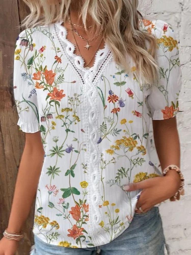 Floral Print Women's Lace Blouses V-neck Casual Short Sleeve Tops Shirts Elegant Office Ladies Shirts Female Slim Clothing