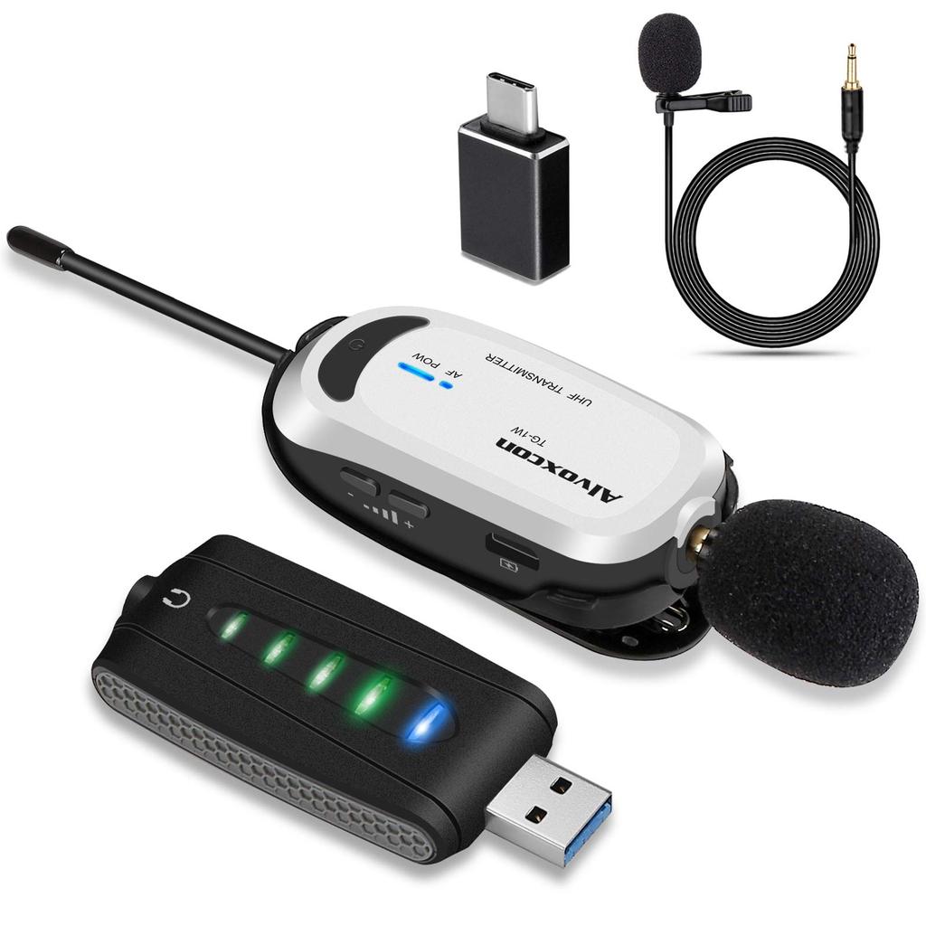 Alvoxcon UM310 USB Wireless Microphone, Lapel Microphone with Earphone Jack, Clip-on Microphone for PC, UHF Recording, Video Recording,