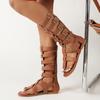 Fashion Fashion Buckle Decor Gladiator Shoes Plus Size Cross Band Flat Sandals for Women 2025 Summer Clip On Mid-Calf Sandals Woman