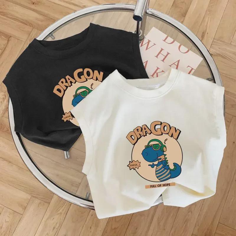 2024 Fashionable Dinosaur Cartoon Sleeveless Cotton T-Shirt for Boys & Girls - Summer Casual Top