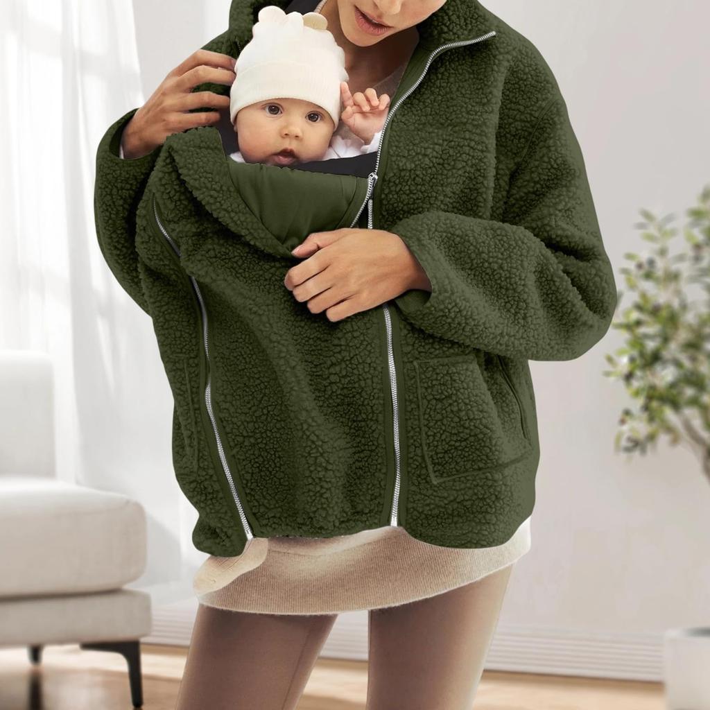 Women's Fashionable Oversized Matching Family Set: Kangaroo- Mother-and-Child One-Piece Solid-Color Shearling Coat